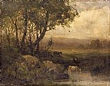 Edward Mitchell Bannister landscape, riverbank, three cows painting